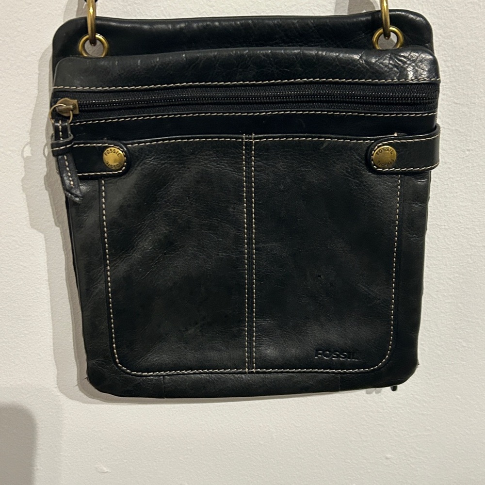 Fossil Black Leather Crossbody Bag Organizer Wallet Multi Pocket Brass